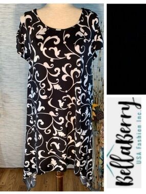 Bella Berry black and white paisley styled cold shoulder asymmetrical dress.